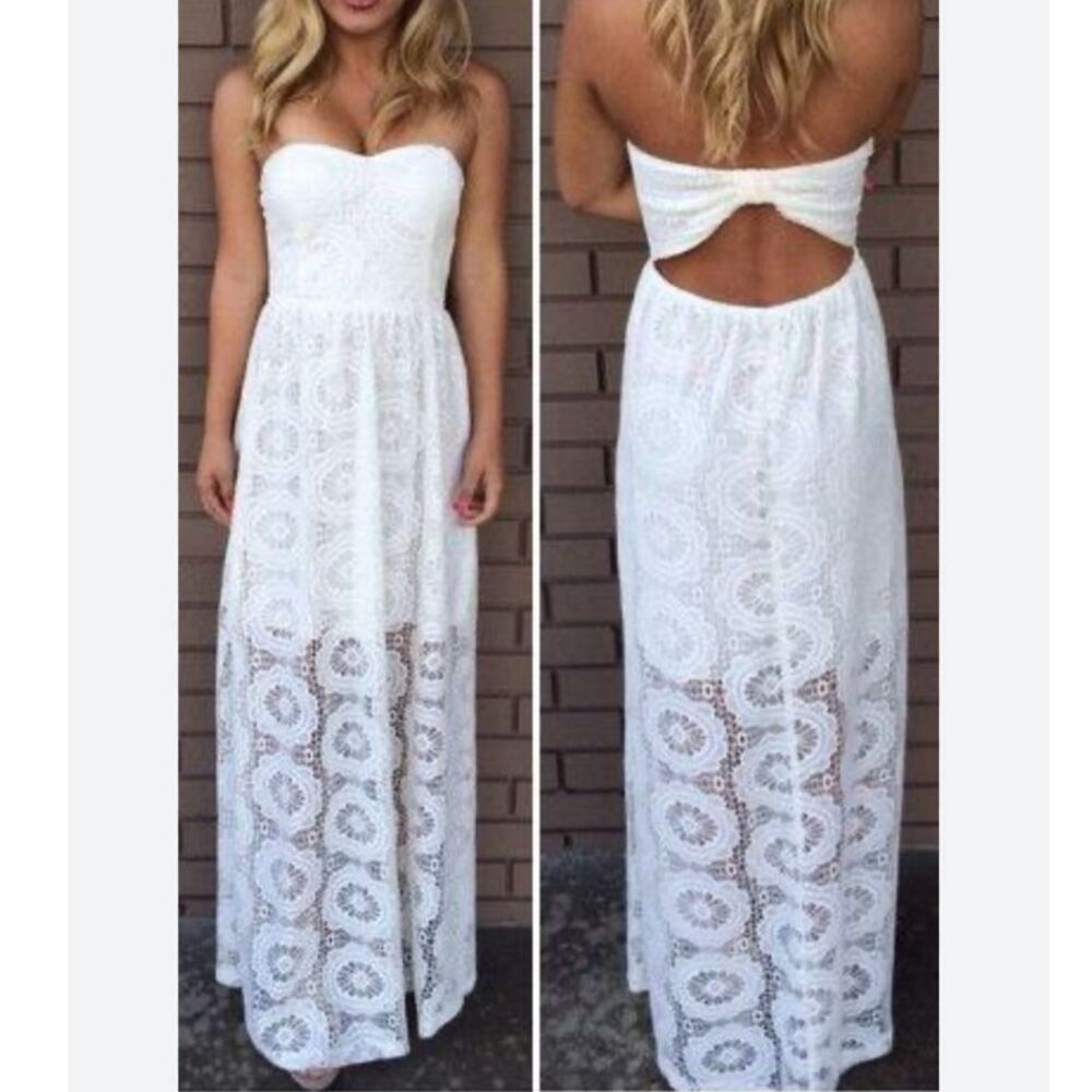 Windsor White Strapless Lace Overlay Maxi Dress Size S/M‎ Padded Cups Stretchy